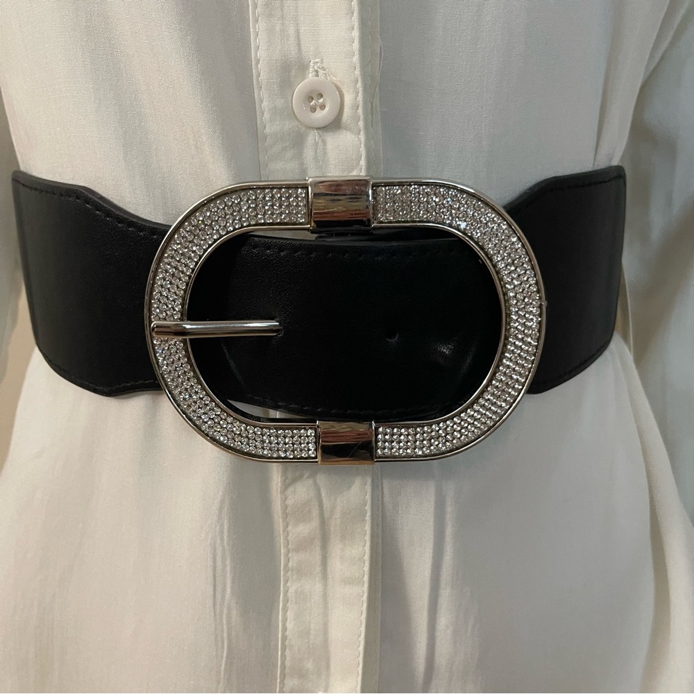 Black PU leather silver tone rhinestones details buckle elastic waistband belt